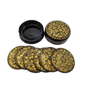 Vtg Kashmiri Hand Printed Lacquerware Box With 6 Coasters Black And Gold